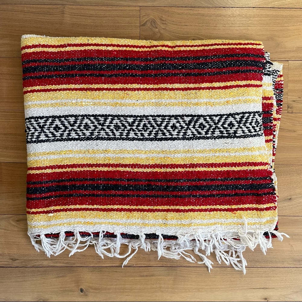 Vintage: Red, Yellow, White, & Black Authentic Mexican Falsa Blanket - Picture 2 of 5